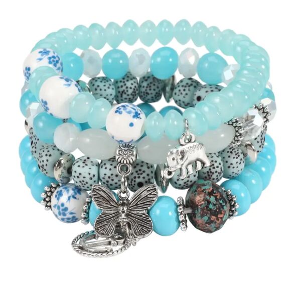 Aqua Boho Beaded Bracelet Set – Butterfly & Elephant Charms – 5 Piece Stack - Picture 1 of 6